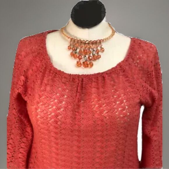 Crotchet Lace Coral Sz S Top Gathered Hem Orange Shirt Round Neckline 3/4 Sleeve - Picture 3 of 13